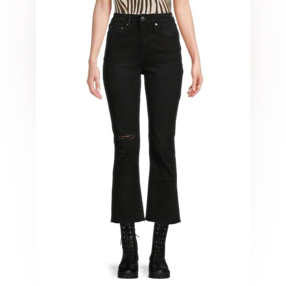 NWT Cavalli Class High Rise Cropped Flare Raw Hem Distressed Black Sz 26